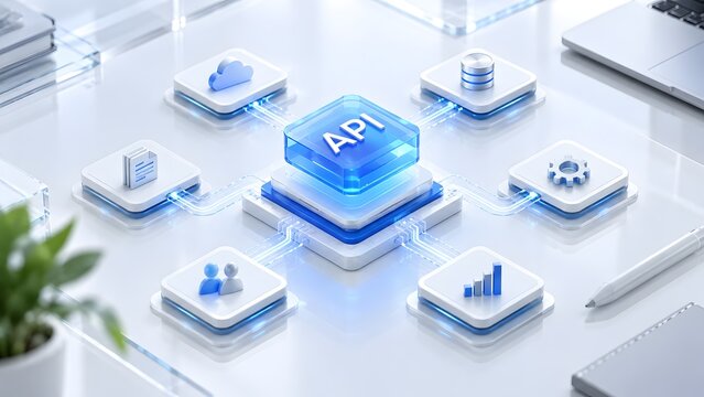 3D futuristic API interface diagram with floating icons representing application programming interface integration and cloud data software connectivity.