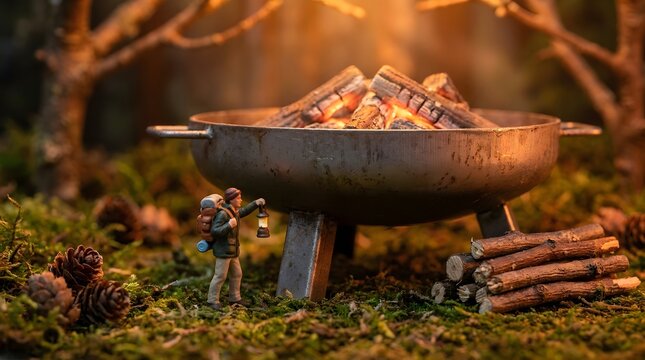 Miniature Hiker Beside Campfire Grill in Cozy Forest Setting