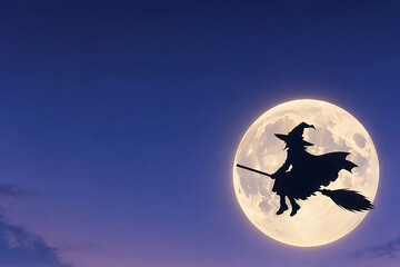 Fototapeta premium Anime Moonlit Witch Silhouette, Halloween Festival