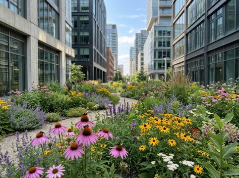 Vibrant Urban Pollinator Garden Flourishing Amidst City Buildings