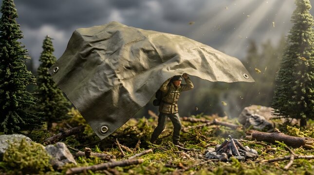 Dramatic Miniature Soldier Under Parachute in Forest Scene