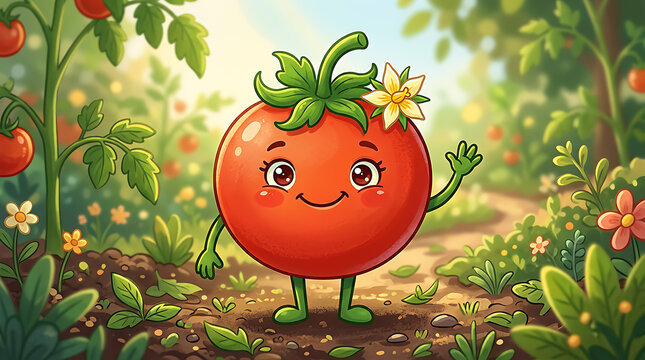 Friendly tomato character waving hello in a vegetable garden for healthy food concepts.