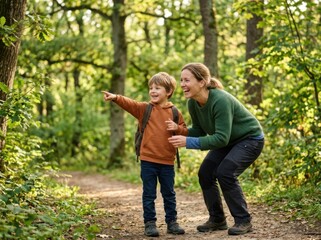 Fototapeta premium Parent and Child Enjoying a Hike in a Sunny Forest