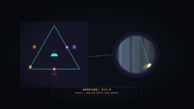 Educational 4K seamless loop explaining the photography exposure triangle. A futuristic HUD triangle with three color-coded sliders controls a live viewfinder in real time. 