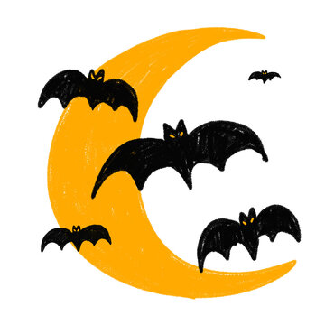 Playful hand drawn Halloween bat illustration featuring several flying bats in a bold black silhouette. Ideal for spooky decorations, Halloween posters, invitations, stickers, apparel graphics, and se