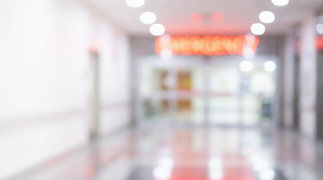 Blurred out of focus hospital emergency room entrance door corridor background for medical clinic health safety urgent care accident and clinical backdrop concepts