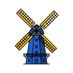 Fototapeta premium A Classic Blue Windmill Icon Design With Yellow Blades On A Transparent Background Vector Graphic