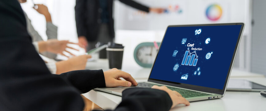 Cost reduction, cost saving concept shown on computer screen brisk, corporate business efficiently save cost and company resources by reduction of unnecessary expenses