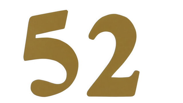 Large golden number fifty two written in a bold brush stroke style font design isolated on transparent background