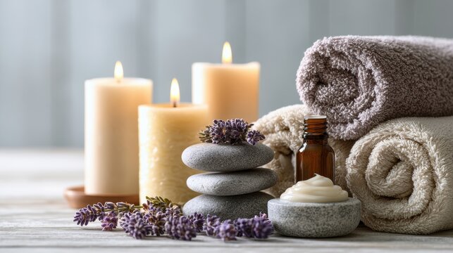 Beautiful spa treatment composition such as Towels, candles, essential oils, Massage Stones on light wooden background. blur living room, natural creams and moisturizing Healthy lifestyle, body care