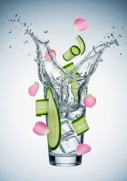 Vibrant infused cocktail in a clear glass with an explosive tonic splash. Green cucumber ribbons and pink rose petals levitate in mid-air, transparent, gradient, splash