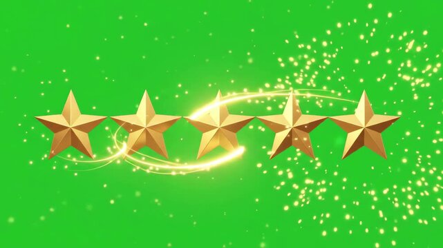 Golden five star rating animation with glowing effects popping up sequentially on a bright green screen background for video overlay