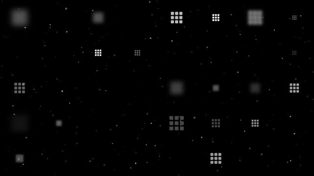 Template animation of evenly spaced grid symbols of different sizes and opacity. Animation of transparency and size. Seamless looped 4k animation on black background with stars
