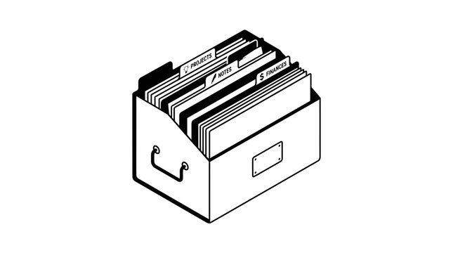 Isometric illustration of a portable office file storage box with hanging folders.