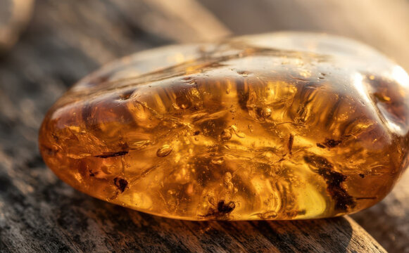 Natural Baltic Amber Gemstone Specimen with Fossil Inclusions and Air Bubbles on Rustic Wood Background Macro Photography