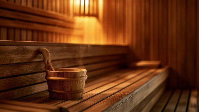 Wooden bucket with ladle on bench in cozy sauna interior. Warm steam room with wood paneling and soft lighting. Relaxation, spa treatment and wellness concept