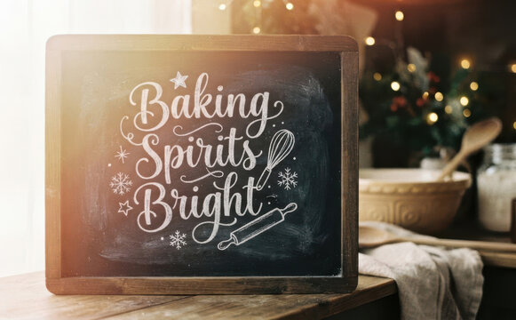 Festive baking chalkboard sign with Baking Spirits Bright quote for holiday kitchen decor and Christmas baking concepts