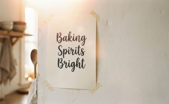 Baking Spirits Bright sign taped to a kitchen wall during the holiday season for festive home decor and seasonal cooking concepts