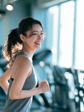 笑顔の女性がジムでランニングマシンを使っている姿。健康的なライフスタイルやフィットネスのイメージに最適な素材