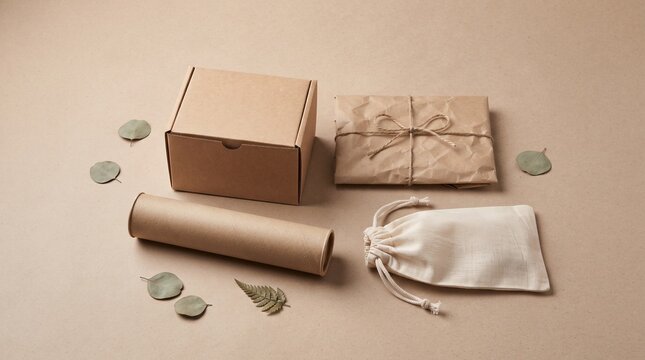 Eco-friendly sustainable packaging materials with cardboard box, paper tube, and fabric pouch on beige.