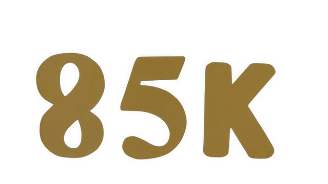Bold golden 85k typography sign representing eighty five thousand follower count isolated on transparent background