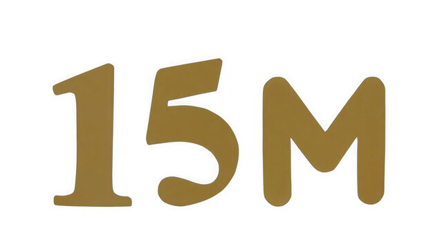 Bold gold fifteen million 15m text label for social media and business milestones isolated on transparent background