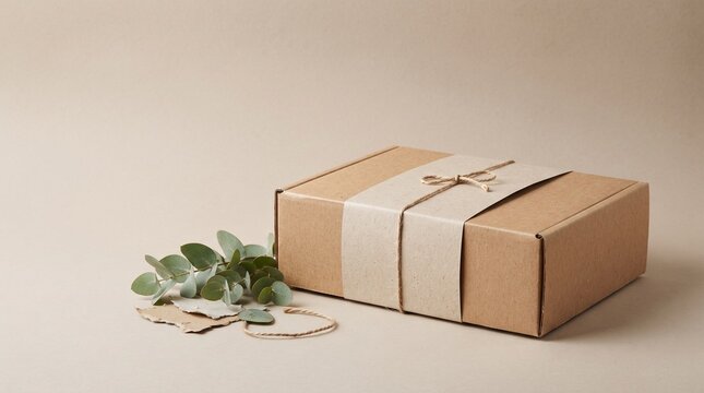 Eco-friendly cardboard gift box with paper sleeve and eucalyptus leaves on beige background