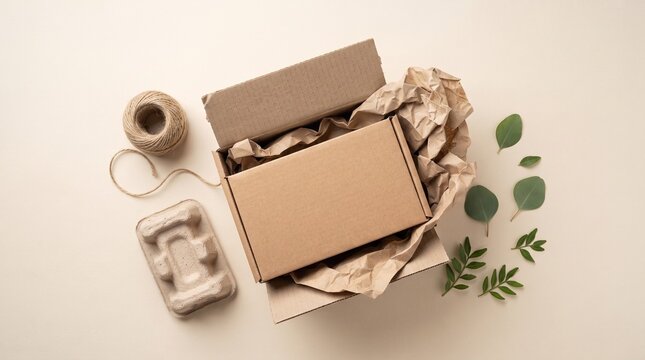 Eco-friendly shipping materials with recycled cardboard boxes and green leaves on beige background