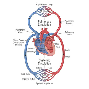 Elegant medical illustration of human heart with blood circulation system in blue and red vectors