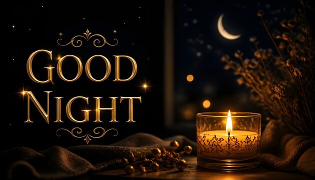 Good Night Golden Text with Candle Light and Crescent Moon through Window