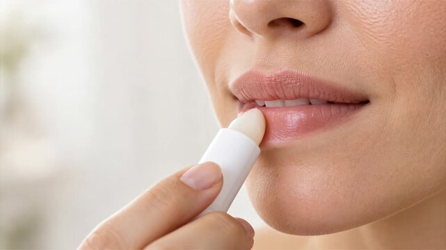 Extreme close-up of a woman gently applying colorless moisturizing balm to her lower lip. Natural lip care, hydration and daily beauty routine concept.