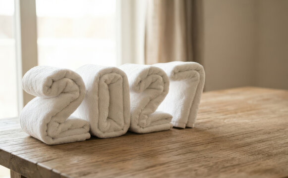 White towels folded in shapes of year 2027 numbers on wooden table in hotel room for new year concept