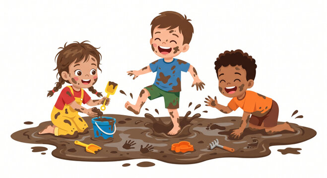 Joyful diverse children playing and jumping together in a muddy puddle
