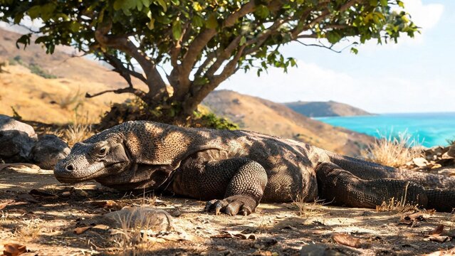 A Komodo dragon is taking shelter under a tree.