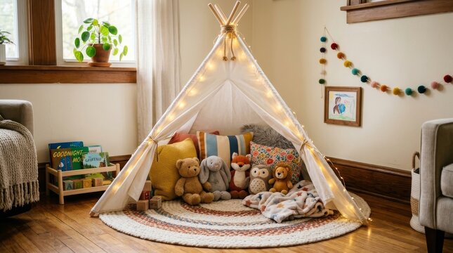 Cozy Kids Teepee Reading Nook with Plush Toys and Fairy Lights
