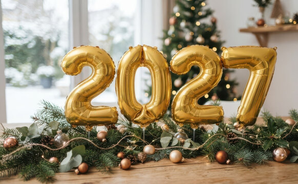 Golden 2027 balloons on a festive table with pine branches and ornaments for New Year celebration