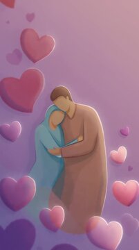 Couple Embracing in Tender Hug Surrounded by Floating Hearts on Soft Pink Gradient Background