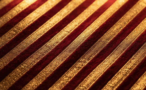 Luxurious red and gold striped fabric texture with velvet and metallic thread pattern for elegant upholstery and festive holiday backgrounds