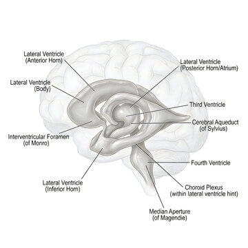 Anatomical illustration of human brain with labeled parts and cross-section view