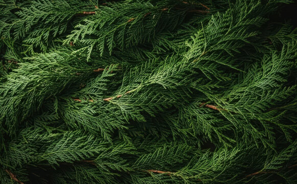 Dense Green Cedar Branches Background Flat Lay Nature Evergreen Foliage Texture For Winter Holiday Design And Christmas Backgrounds