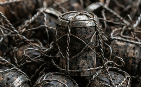 Old champagne cork with wire muzzle background, vintage wine bottle closure texture close up