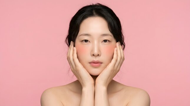 Young asian woman gently touching her cheeks with both hands glowing skin texture clear skin