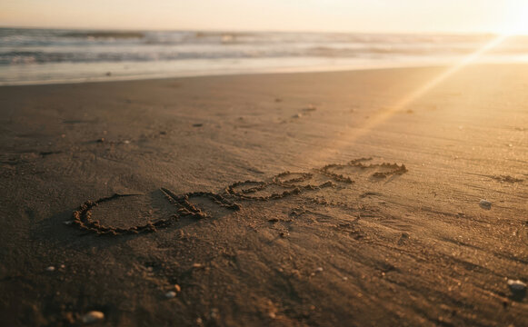 Cheers written in sand on a tropical beach at sunset symbolizing celebration, happiness, vacation, and positive vibes for summer travel and greeting concepts