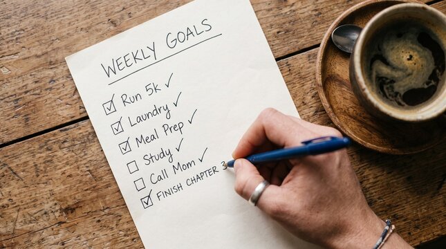Hand writing a weekly goals checklist on paper with coffee on wooden table
