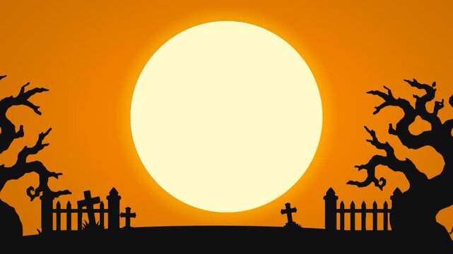 Halloween Spooky Graveyard Silhouette with Full Moon and Dead Trees Vector Background