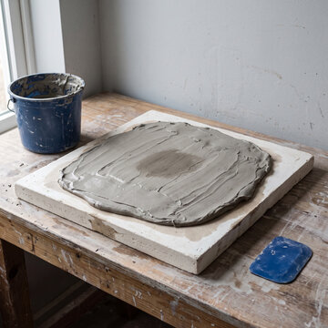 Wet reclaimed clay drying on a plaster slab