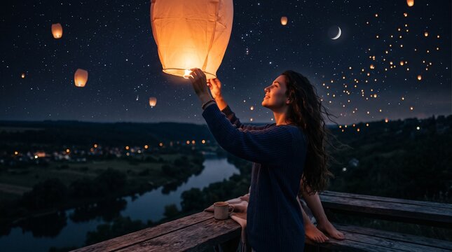 Woman releases glowing lantern into starry night sky over river valley and village
