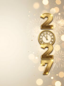 Vertical elegant New Year 2027 background featuring 3D golden numbers, a clock pointing to midnight, ribbon, and glowing soft bokeh lights.