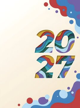 Vertical modern New Year 2027 poster template featuring bright fluid liquid shapes, colorful 3D 2027 text, and clean off-white background with copy space.