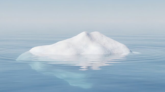 Solitary white iceberg gently floats on the calm, light blue ocean water, casting a subtle reflection beneath a clear sky, highlighting the serene yet fragile natural environment.